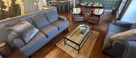 Level 3: family room with smart tv and wood burning stove