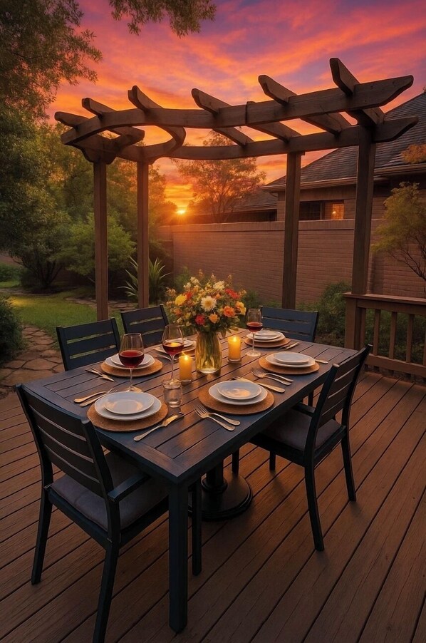 Outdoor dining with sunset views