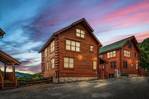 Cabin exterior at twilight