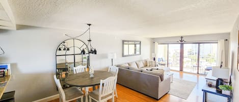 Dining area with bar height tables and chairs