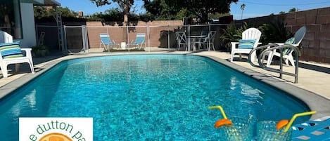 Welcome to The Dutton Pad! Enjoy our sparkling clean, pool with plenty of lounging and seating to enjoy our beautiful, seasonal California sunshine.  Although the pool is not heated, it is enjoyable and accessible throughout the year.