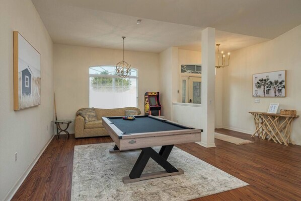 Pool table, Pac man arcade game, Lounge seating, Spacious
