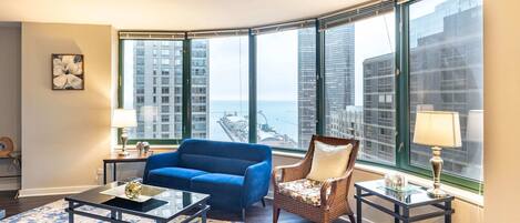 Living area with wide window glass