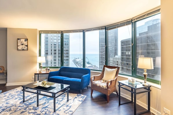 Living area with wide window glass