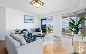 The elegant living area is right next to the balcony