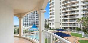 Spacious balcony with the ocean and the resort views