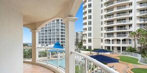 Spacious balcony with the ocean and the resort views