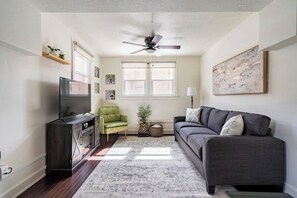 Boho chic decor brings warmth and comfort to the living room whether your curling up to read a book or cozying up to watch a good movie.  The comfortable sofa contains a queen size sleeper for additional guests. Additional bedding, pillows and blankets are provided and can be found inside the master closet.