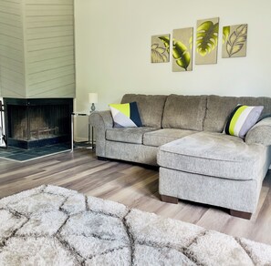 Coziest couch ever…featured fireplace
