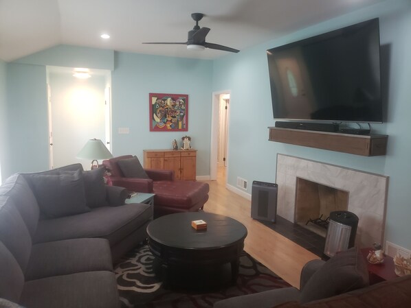 Living room with 82" TV