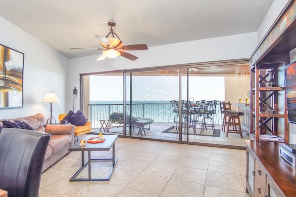 Open floor plan living room is spacious and comfortable