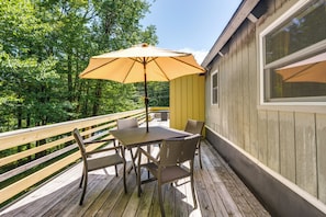 Wraparound Deck | Seating & Dining | Forested Views