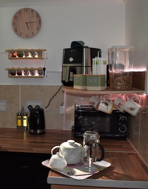 A range of coffee, teas and continental breakfast items are provided.