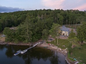 Lush landscaping leads to the lake