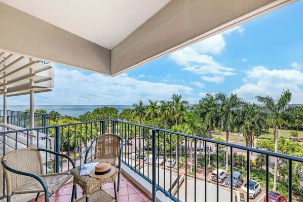Enjoy the convenience of a private, furnished outdoor balcony overlooking Darwin, with coverage against the elements.