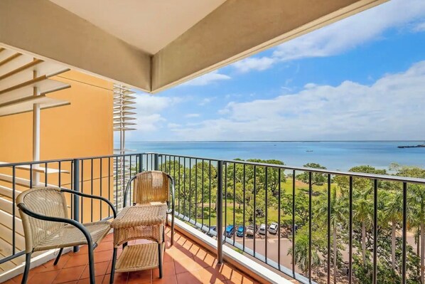 Your private furnished balcony can be accessed via the sun-soaked living room and offers beautiful water views.
