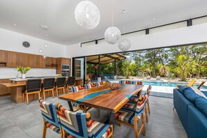 dining room with pool view