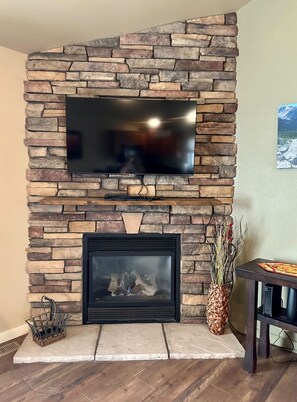 Warm up by the cozy fireplace