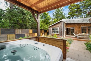 Fenced back yard garden with firepit, hot tub, sauna, covered outdoor dining area