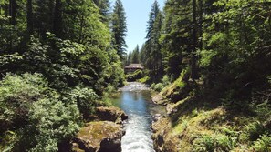 Washougal river looking down to the Kanati Falls Ranch lodge.