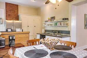 Dining Area & Kitchen | 2nd-Floor Unit | Pet Friendly w/ Fee