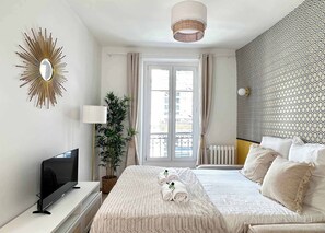 The bedroom has a comfy double sofa bed.