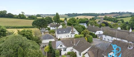 Birds eye view of Apple Orchard Barn and the surrounding countryside