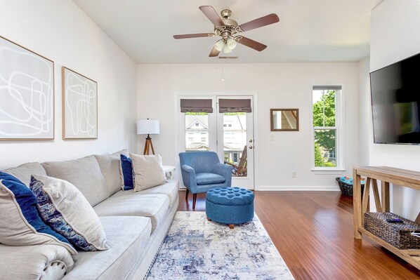 Super comfy living room with a 65” oversized smart TV