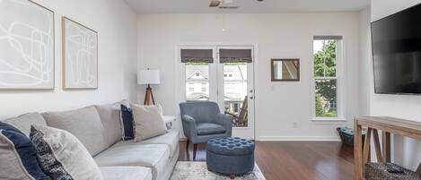 Super comfy living room with a 65” oversized smart TV