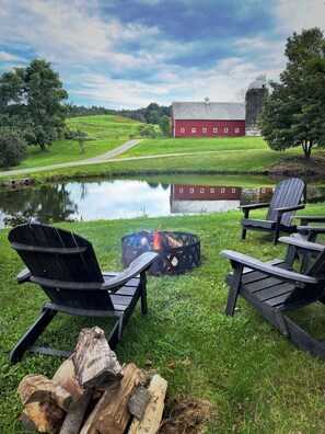 Adirondacks, firepit overlooking pond with ducks, visiting herons & kingfishers