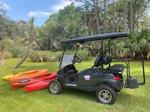 4 seater golf cart & 4 kayaks included with rental.