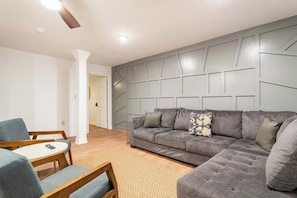Such a cozy sofa. You can stretch out for a movie night.