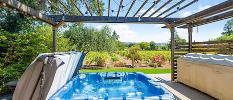 Wonderful hot tub over looking the vineyards. Right off the master bedroom!