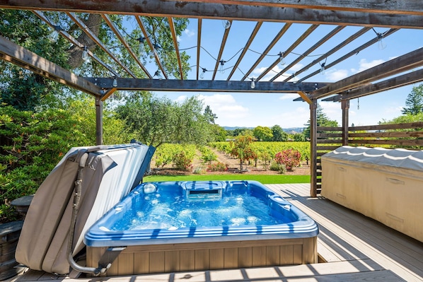 Wonderful hot tub over looking the vineyards. Right off the master bedroom!