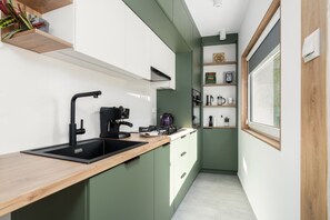 Compact yet functional kitchen with green cabinetry and built-in appliances.

