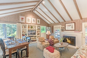 Living Room with Fireplace and Apple TV