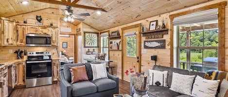 Cabin sweet cabin. The natural wood walls add a beautiful rustic charm.