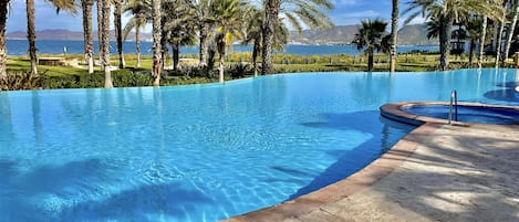 Infinity pool, swim ip bar area and Restaurant. 