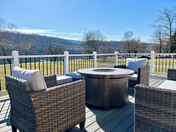 Deck with Fire Table and River View