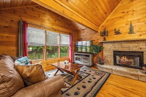 Living room with stone fireplace and large screen TV with streaming services