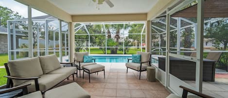 Relax in our screened in lanai and enjoy the in ground pool.