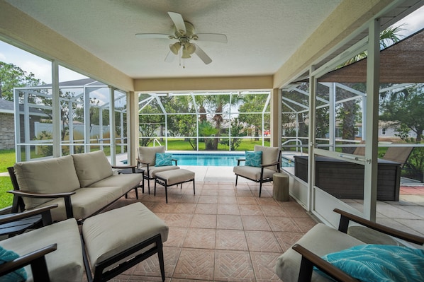 Relax in our screened in lanai and enjoy the in ground pool.