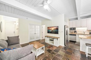 Living room with bedroom doors closed for privacy