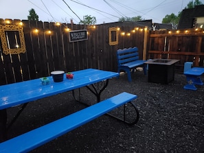 Our outdoor seating beside the garage
