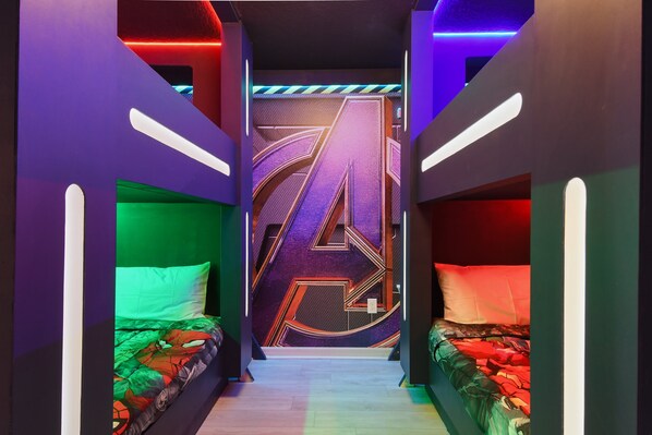 Epic Avengers bunk room with glowing lights & hero vibes!