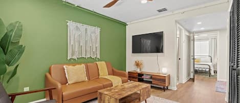 Living Room with Smart TV and Futon couch