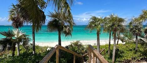 Walk down new stairs to shaded beachfront seating, just steps from the ocean.