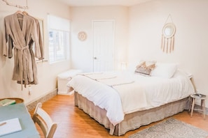 Committed to your health and comfort, the master queen size bed has been upgraded with a CertiPUR-US certified memory foam mattress topper, CertiPUR certified bamboo pillows, & an Eco/Vegan-friendly down alternative duvet.