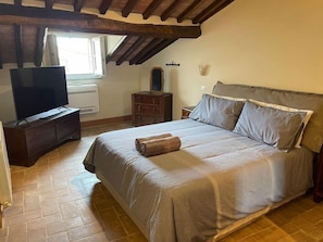 2nd bedroom with 55 inch smart TV, black out window shutters, King bed