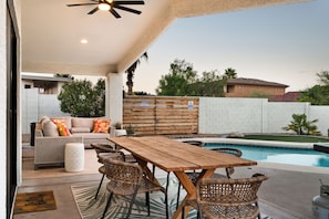 Outdoor dining table and seating.